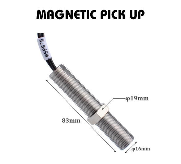 Magnetic pick-up sensor MSP6715 with dimensions 83mm length, 19mm diameter at the widest point, and 16mm diameter at the narrowest point